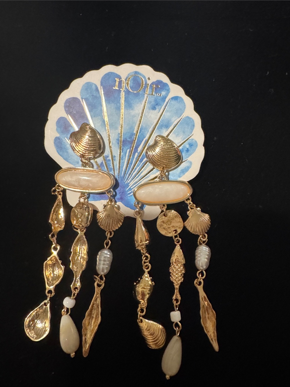nOir Jewelry Gold Dangle Seashell Earrings with Cream Accents